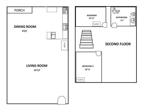 Floor plan for 2 beds, 1 bath, 829 sqft